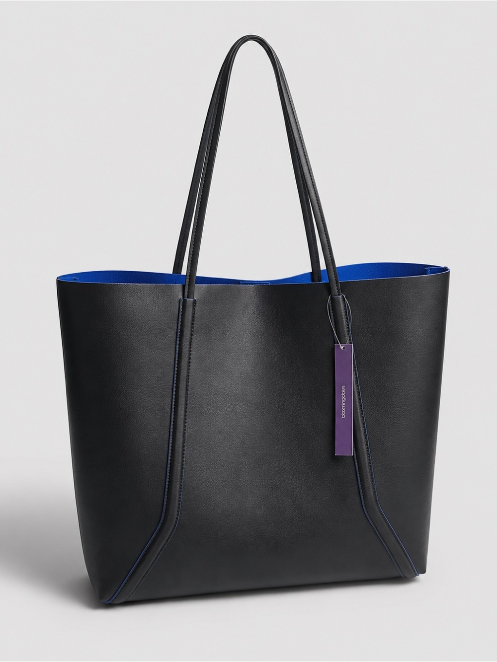 Bloomingdale’s Black Tote Bag Blue Interior Contrast Detail NWT Black and Blue